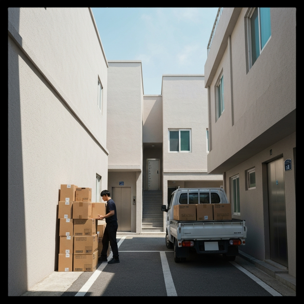 골목에 트럭과 쌓인 이삿짐을 싣는 사람