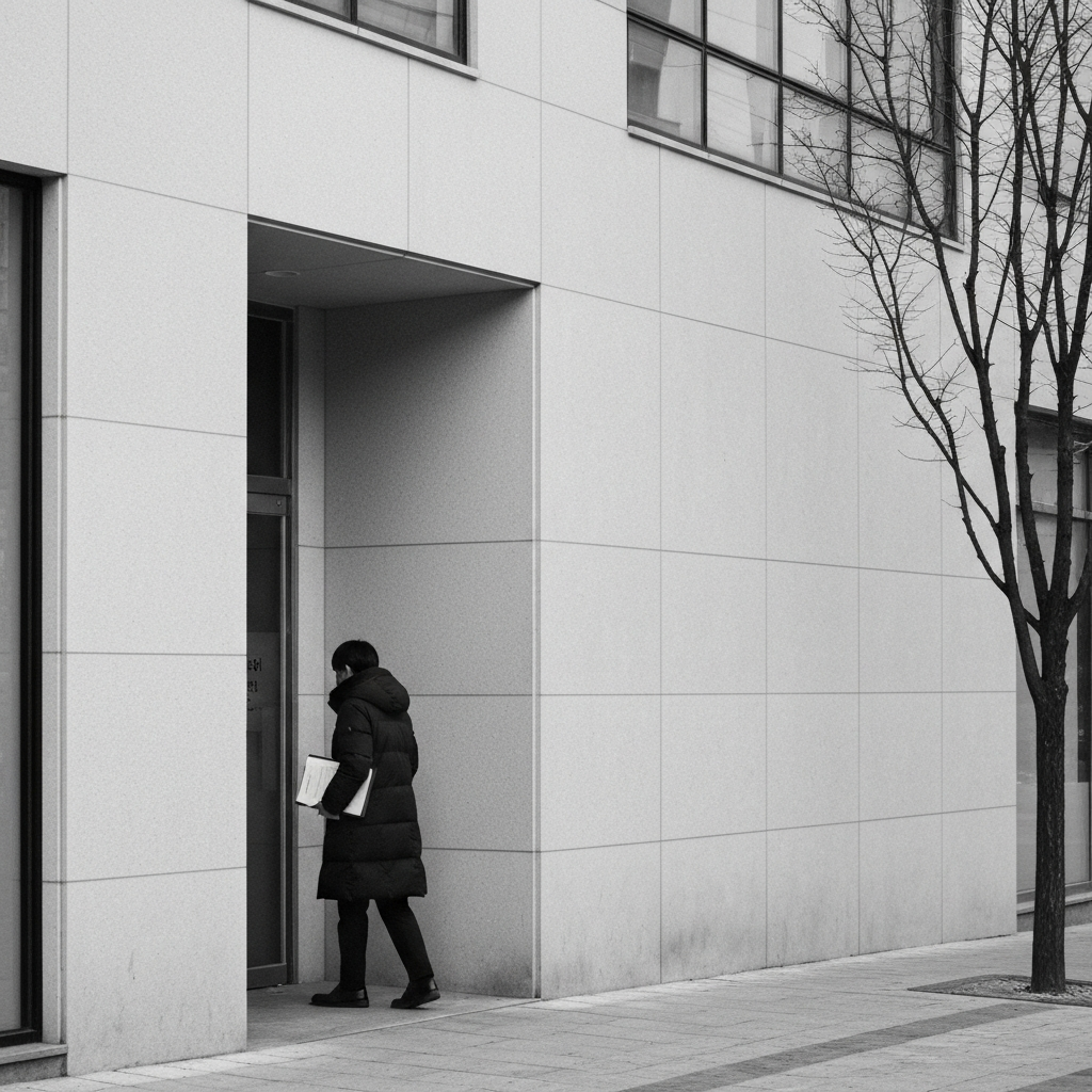 문서 든 사람이 은행 앞으로 걸어감.