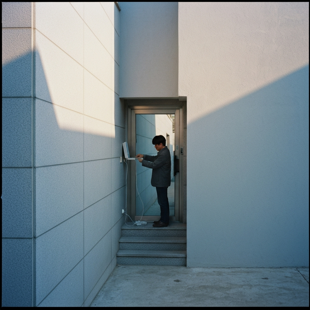 현관 계단에서 모뎀 케이블을 연결하는 사람