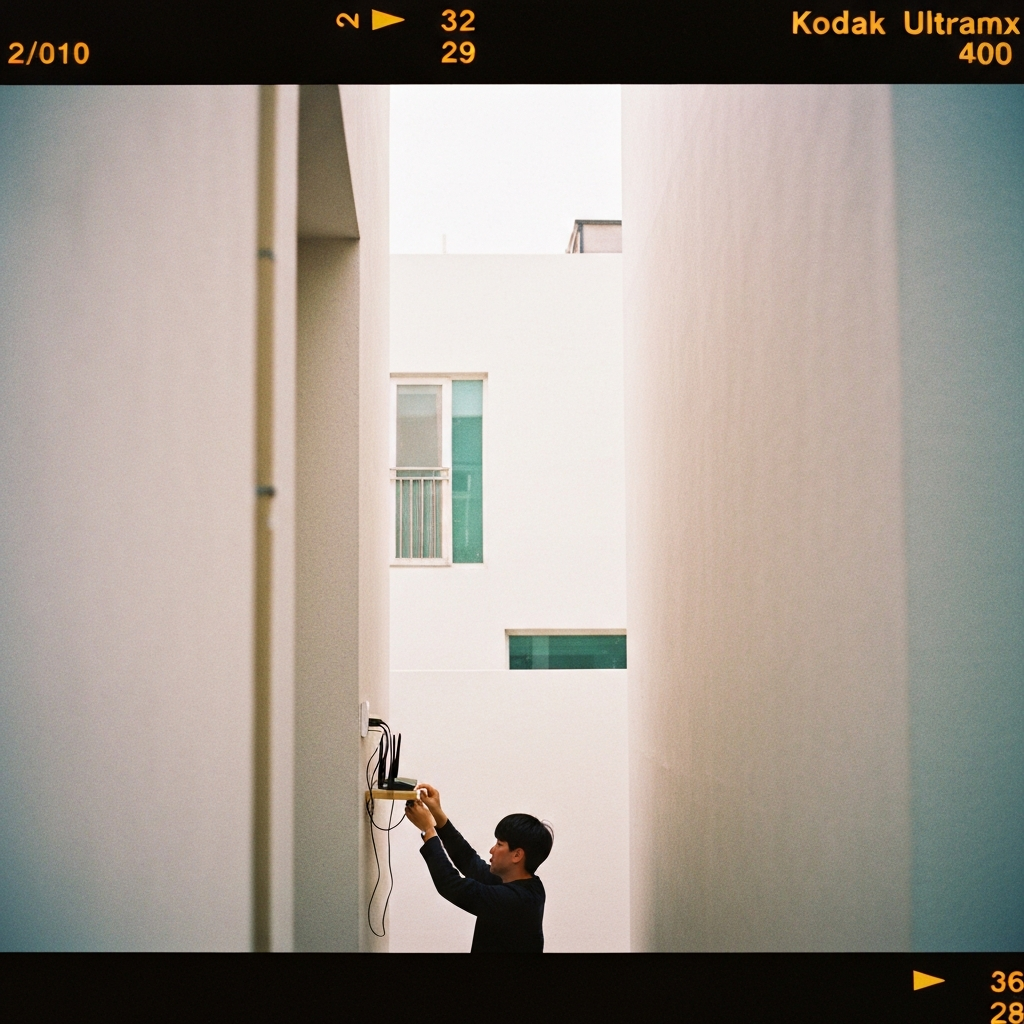 사람이 모뎀과 공유기 연결하는 장면