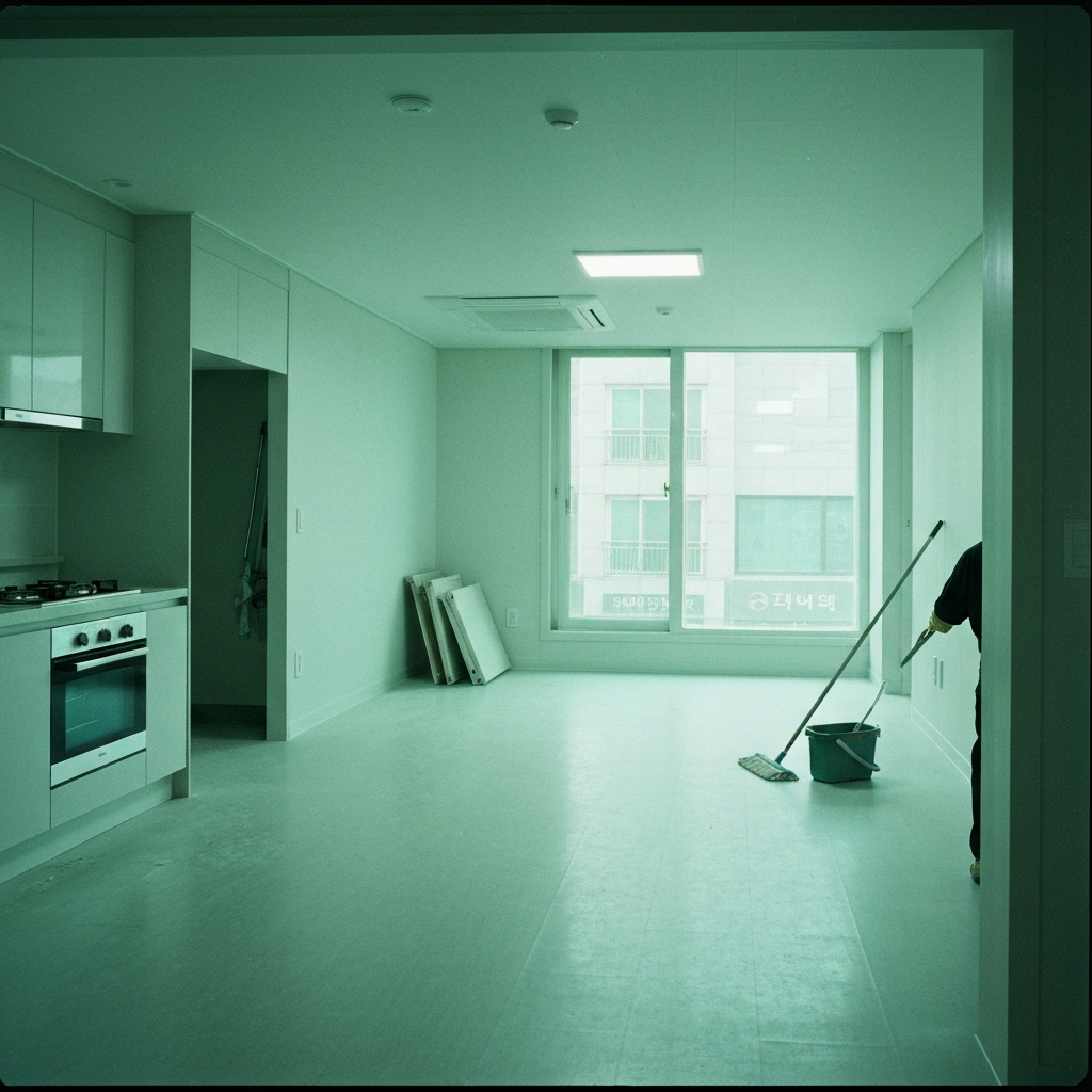 가구를 밀어둔 거실에서 청소하는 사람