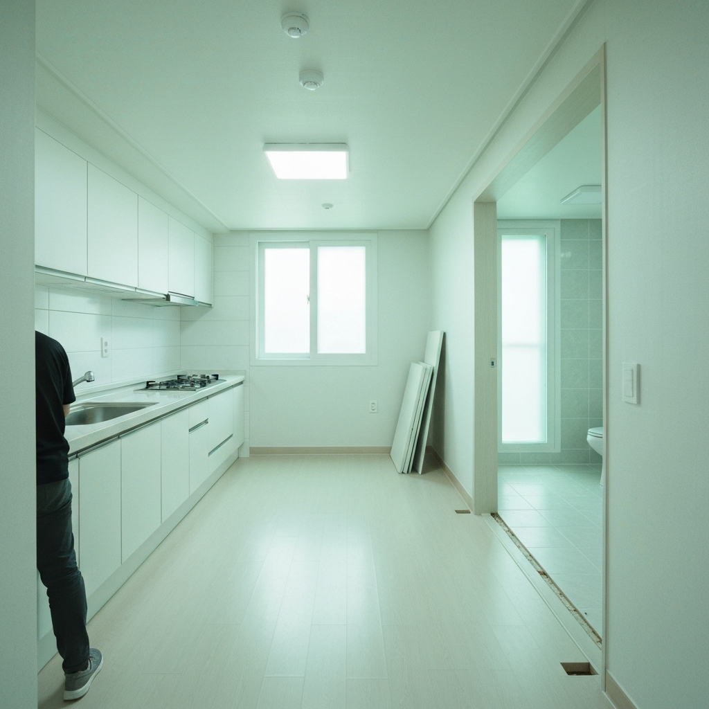 청소된 아파트를 점검하는 인물.