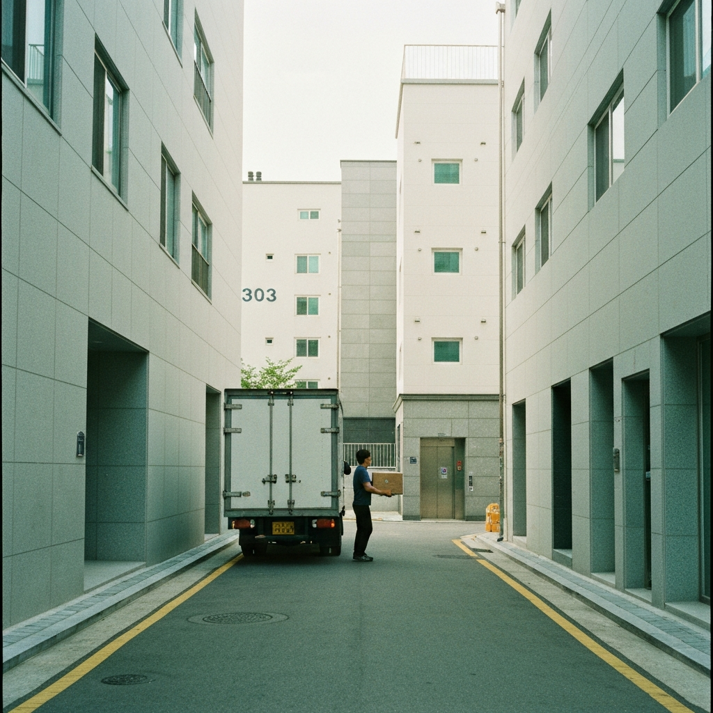 이삿짐 든 사람이 트럭에서 아파트로 걷는다