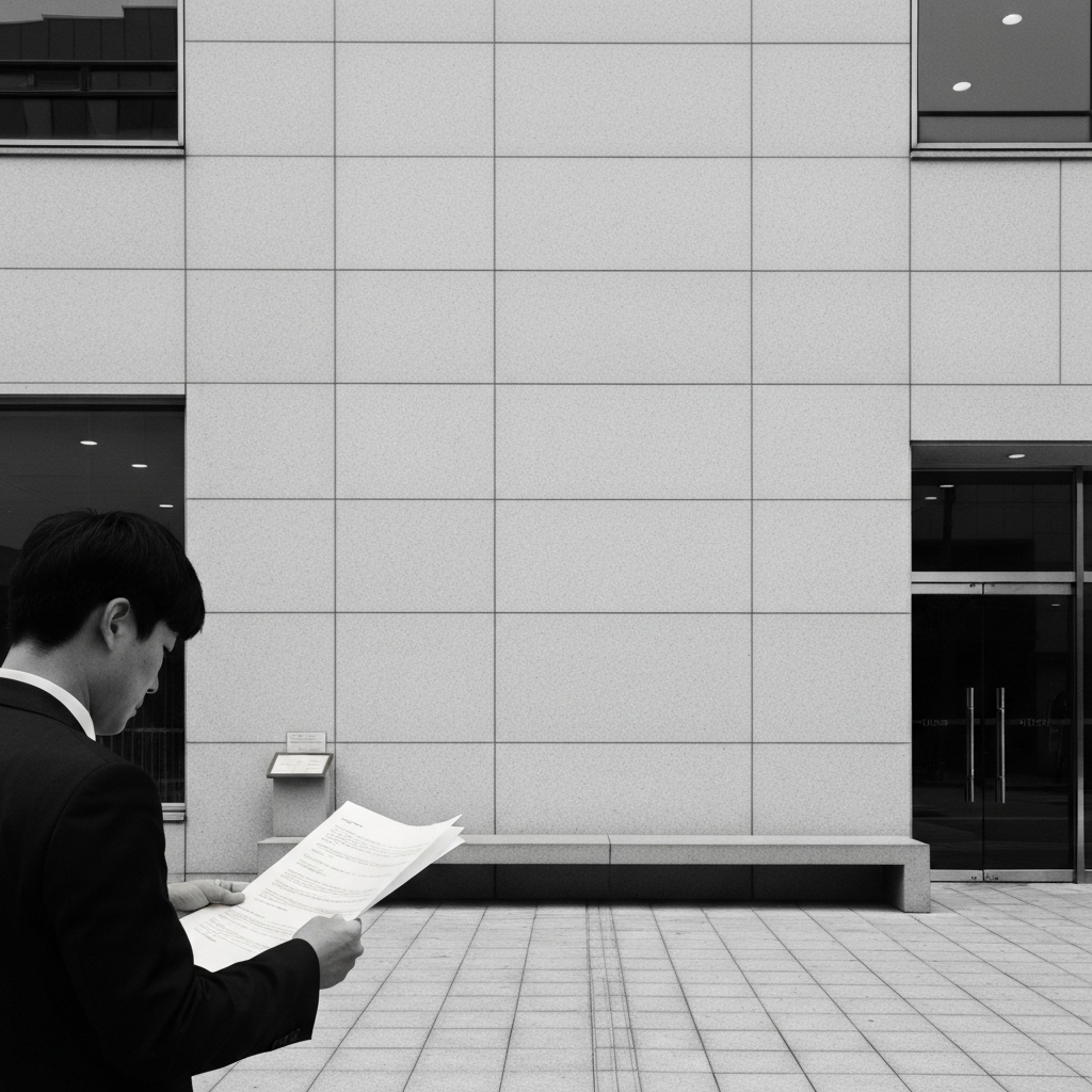 한 사람이 서류를 검토하는 사무 로비