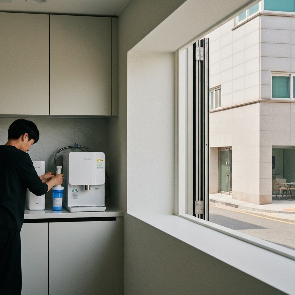 정돈된 주방의 정수기 필터 교체.