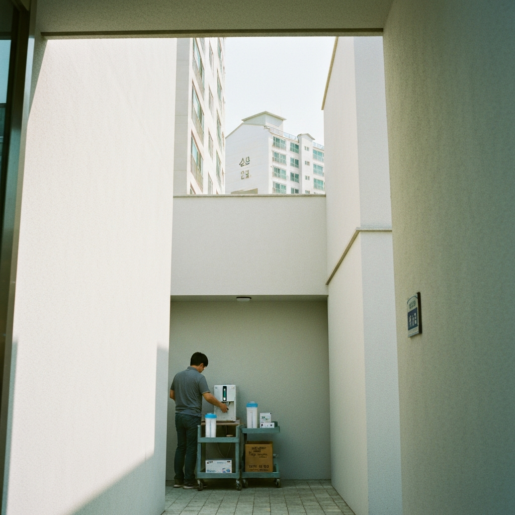 현관에서 정수기 필터를 교체하는 기술자