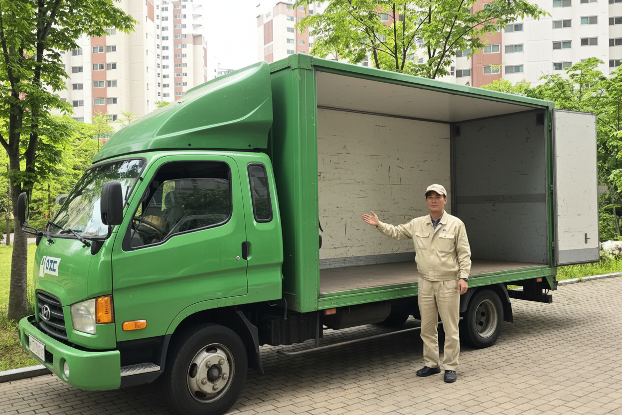 이삿짐 트럭앞에서 기념 촬영을 하고 계신 어르신의 모습