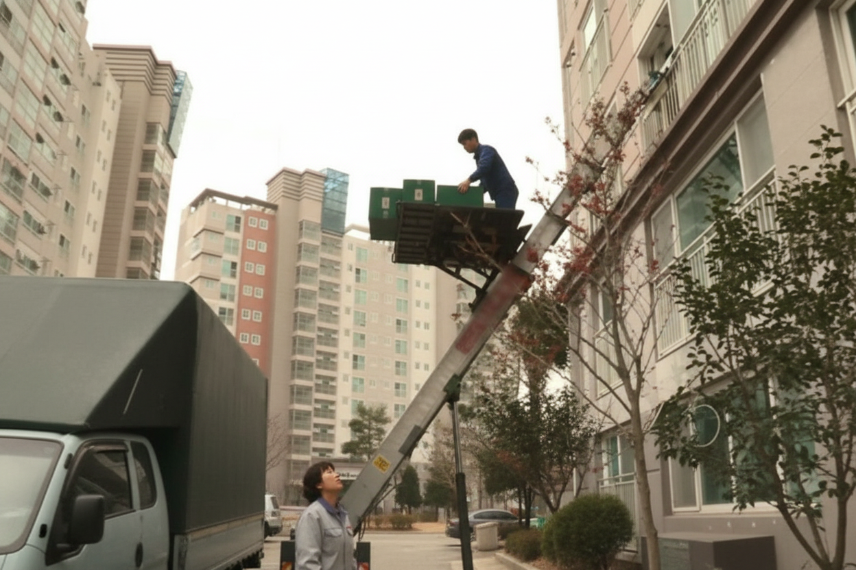 사다리차로 이삿짐을 내리는 모습