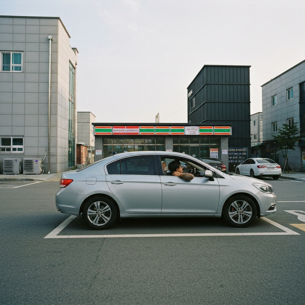 편의점 주차 렌터카 안 목쿠션 조정하는 사람.