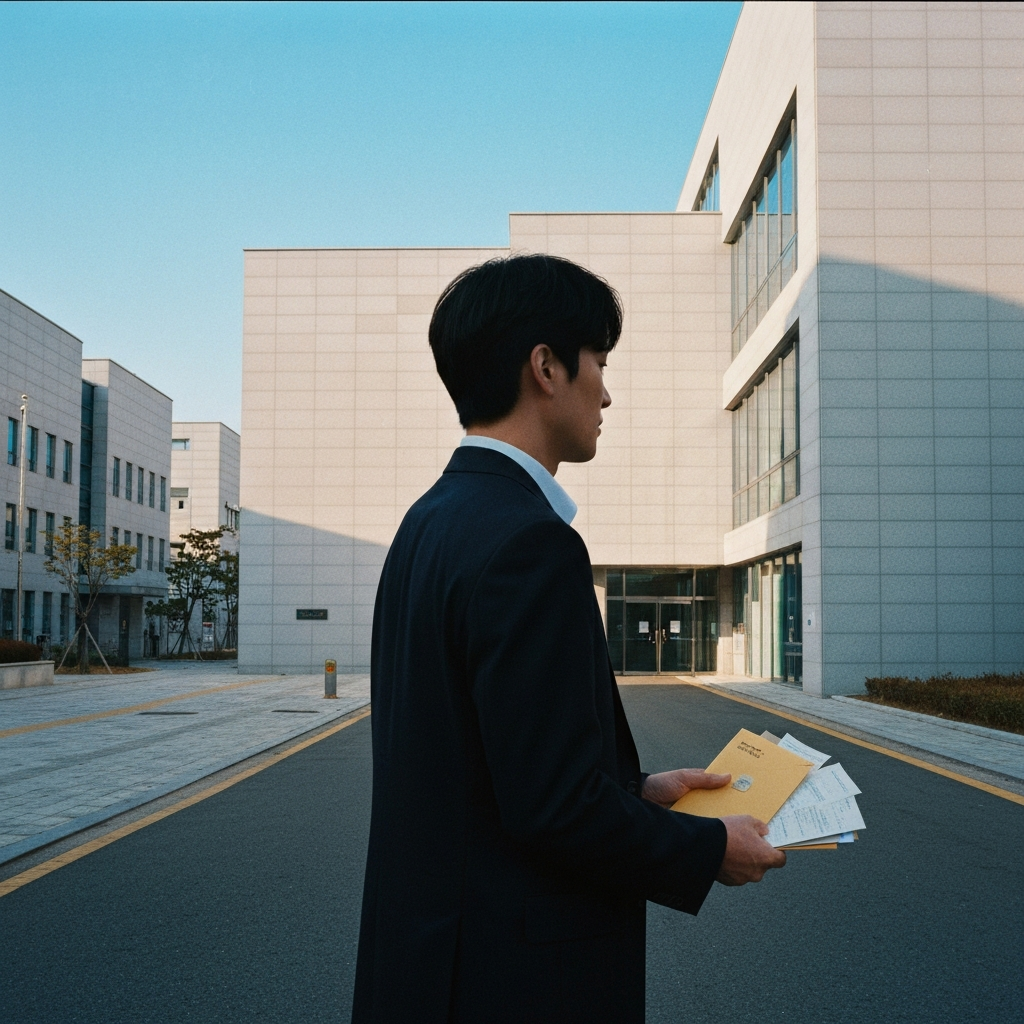 공공청사 옆 현대 거리의 한 사람.