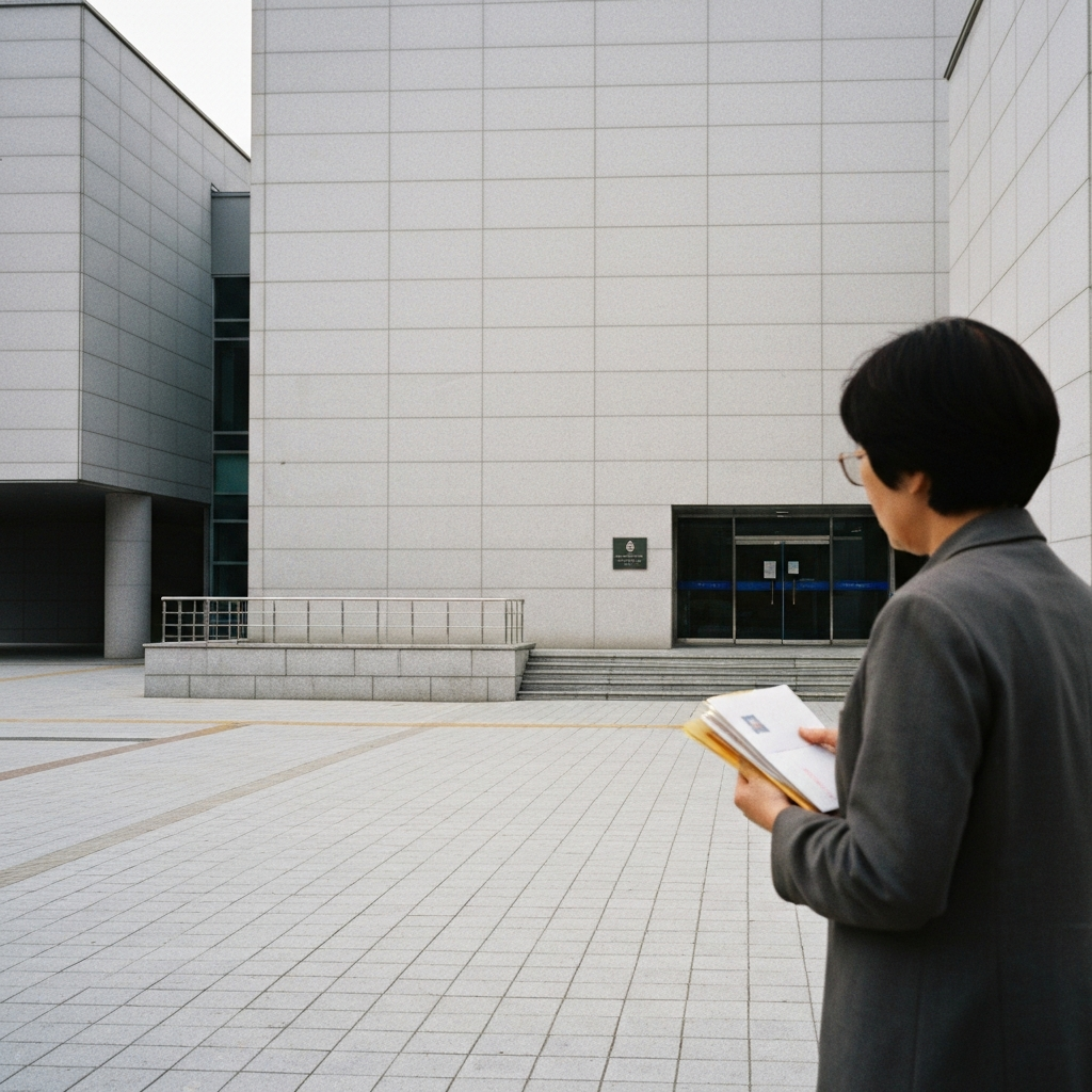 법원 앞 편지 든 고민하는 사람.