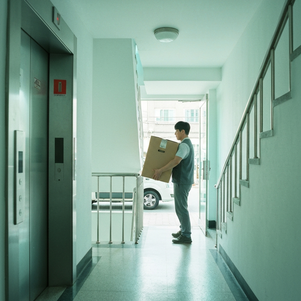 박스를 어깨에 멘 이사가 계단과 엘리베이터를 확인한다