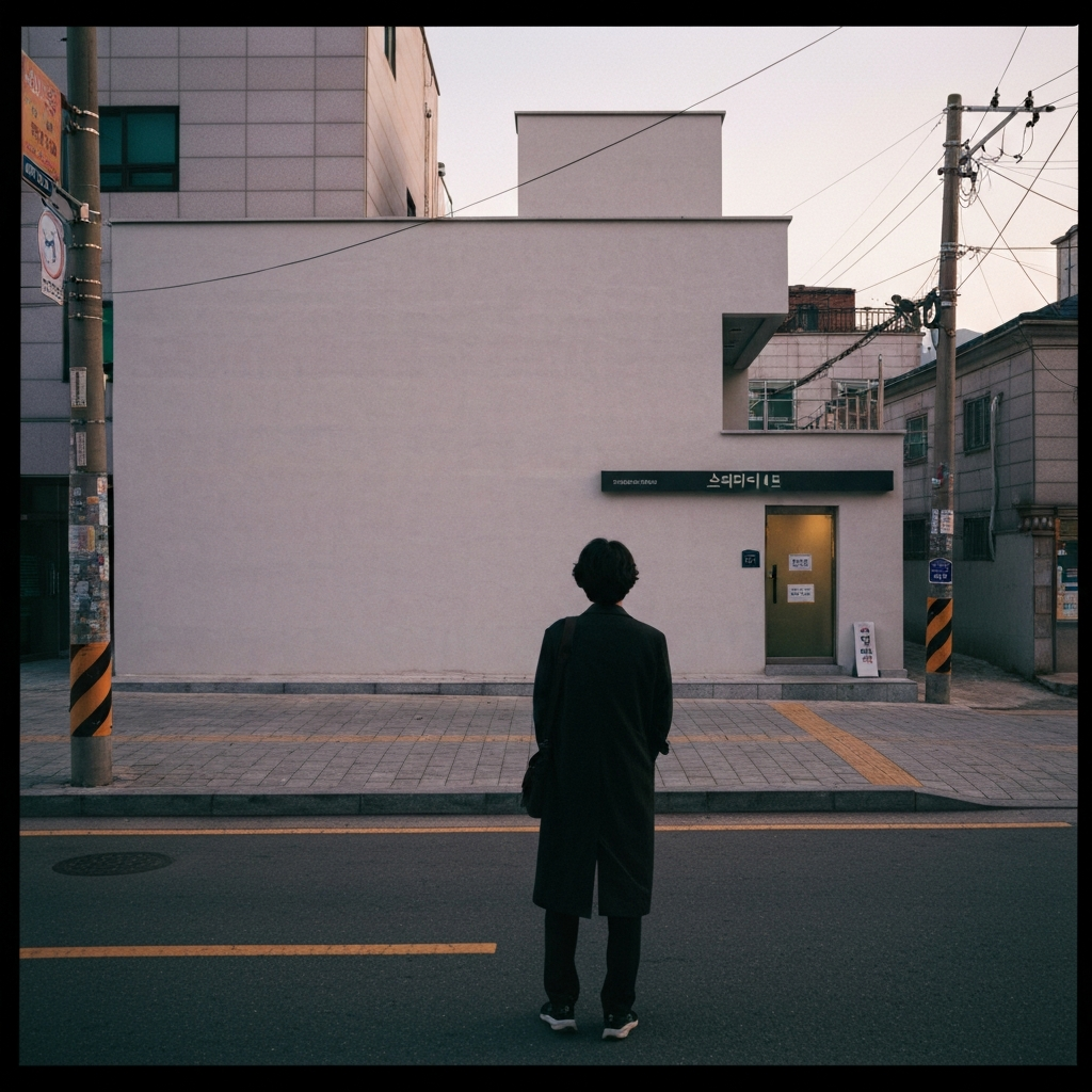 카페와 은행 사이 한 사람이 지나간다