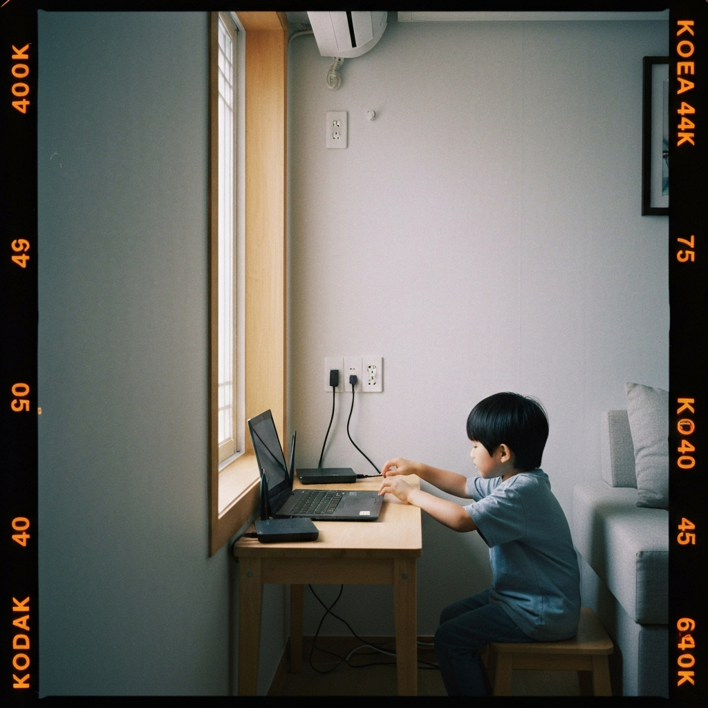 창가 책상 노트북에 유선 연결된 공유기.