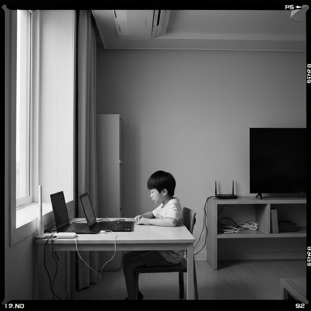 창가 책상에서 노트북과 공유기 있는 어린이.