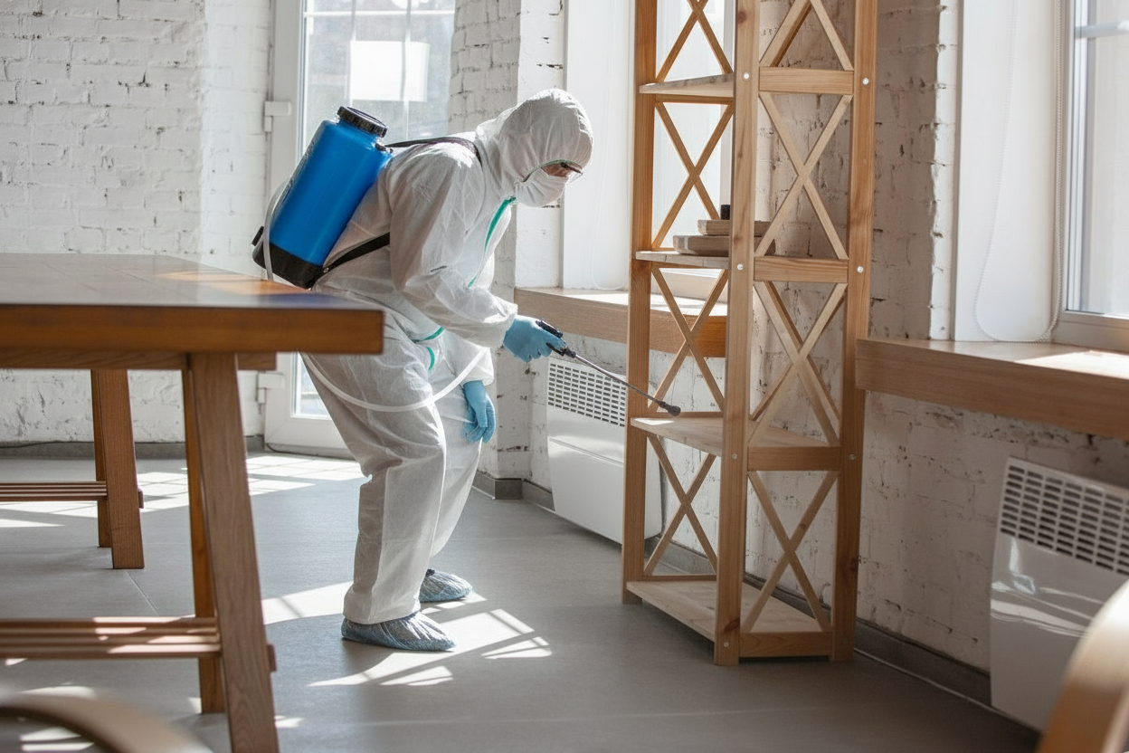 이사청소 후 실내소독을 하고 있는 사람의 모습