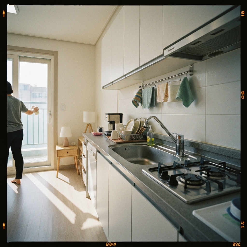 이사 후 정돈된 주방 코너와 거실.