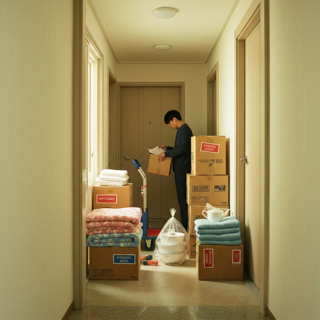 현관에 쌓인 이삿짐 박스와 이불, 손수레와 포장된 주방용품.