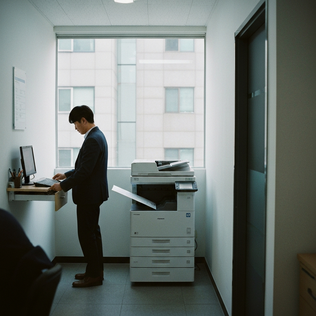 복합기 옆에서 보고서를 서랍에 넣는 직원