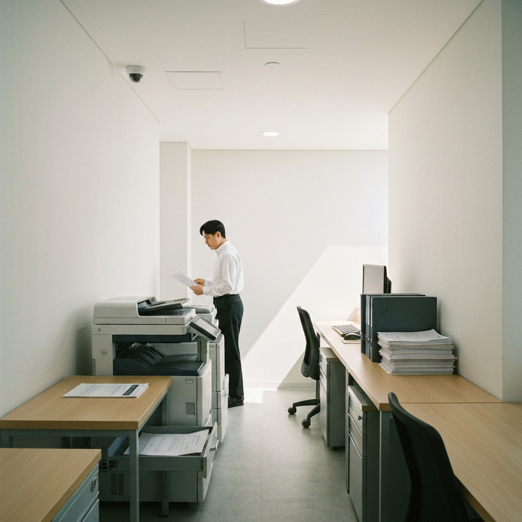 복합기에서 출력물을 확인하는 사람