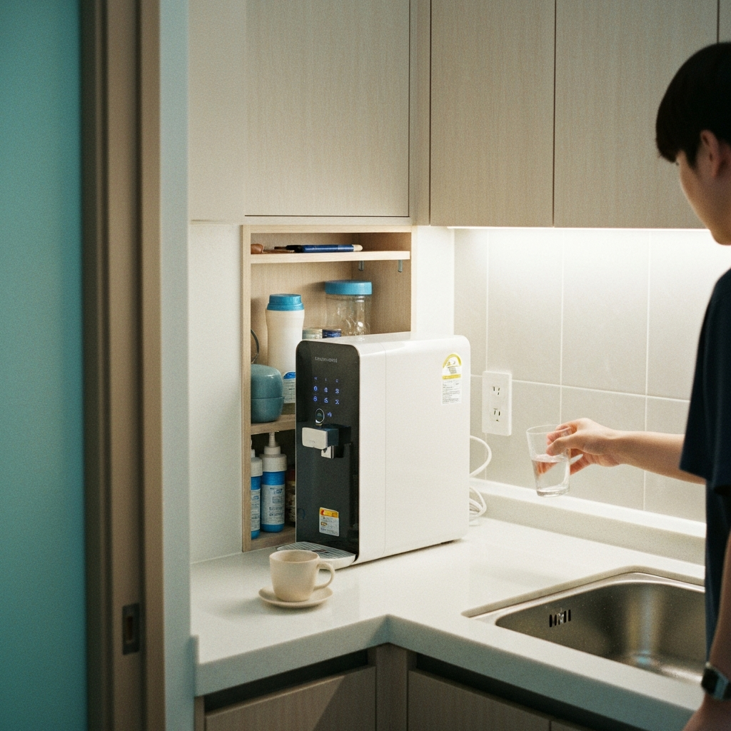 카운터 정수기에서 컵에 물을 채우는 사람