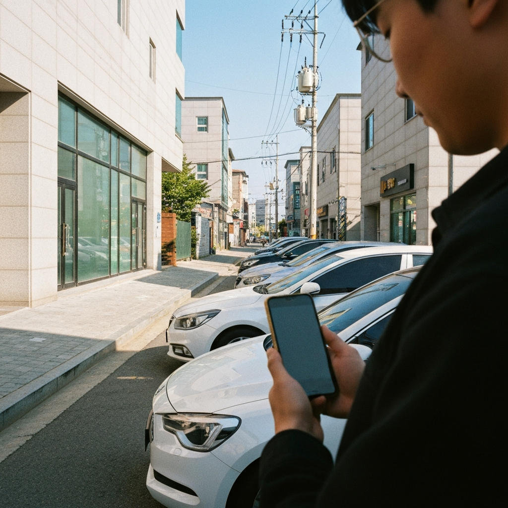 스마트폰 든 사람과 소형 렌터카 행렬.