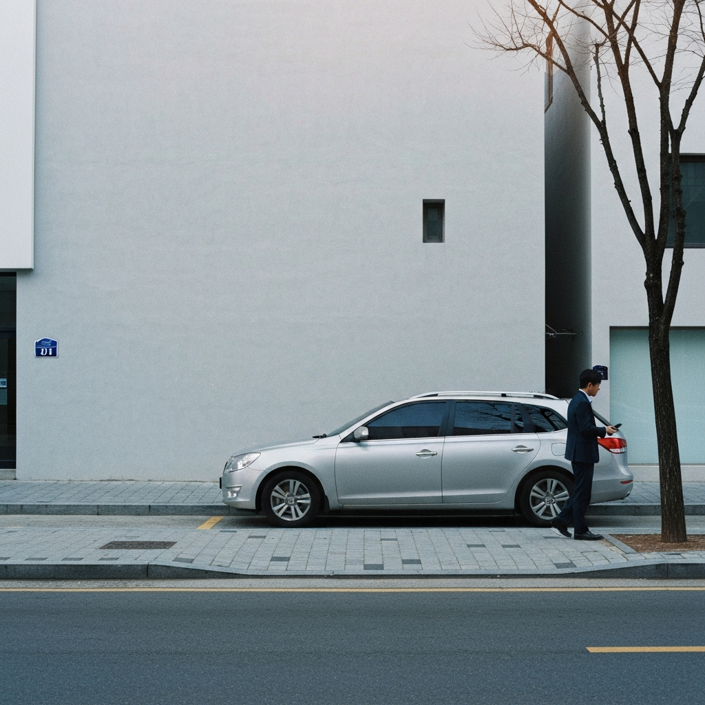 미니멀한 한국 도심 거리의 중형차 주차.