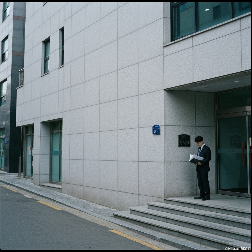 서류 든 사람이 법원 입구 계단에 서 있다.