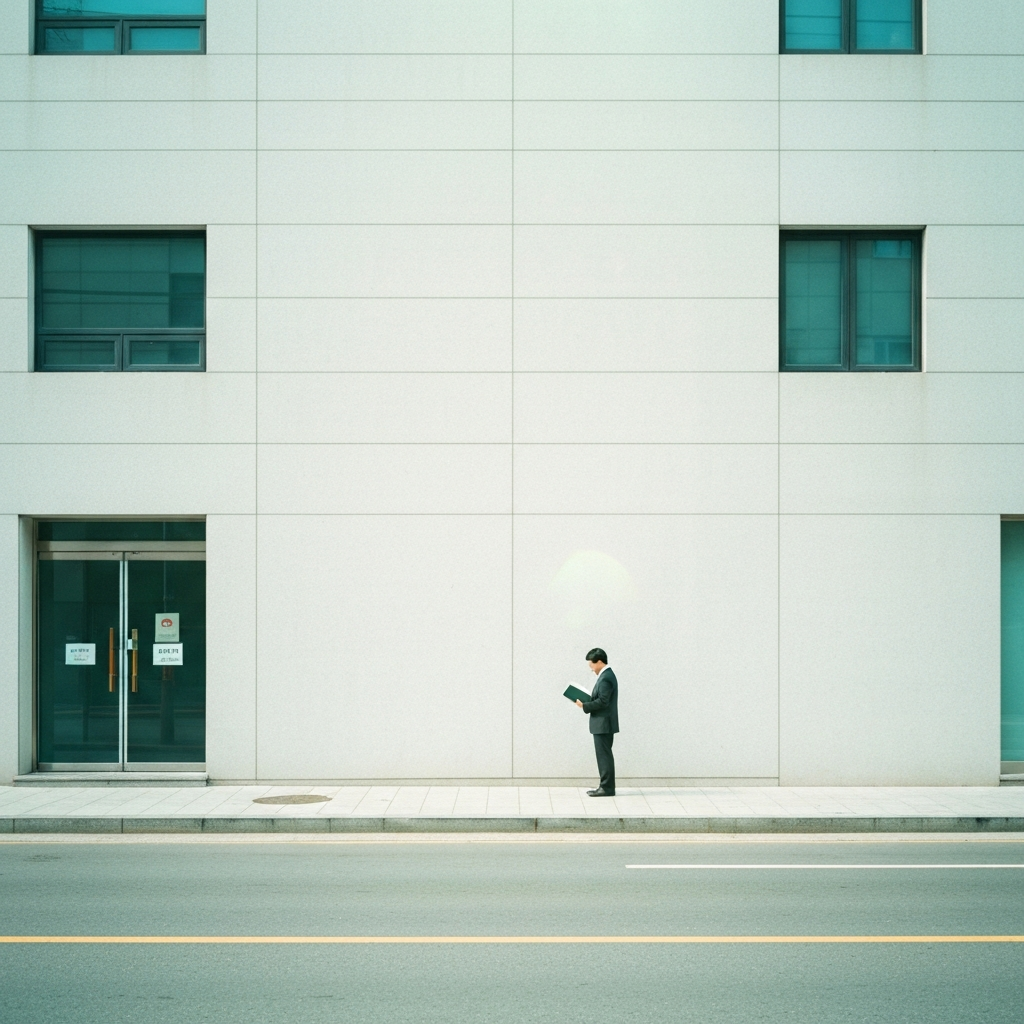 법률사무실 입구에 서서 서류를 든 사람.