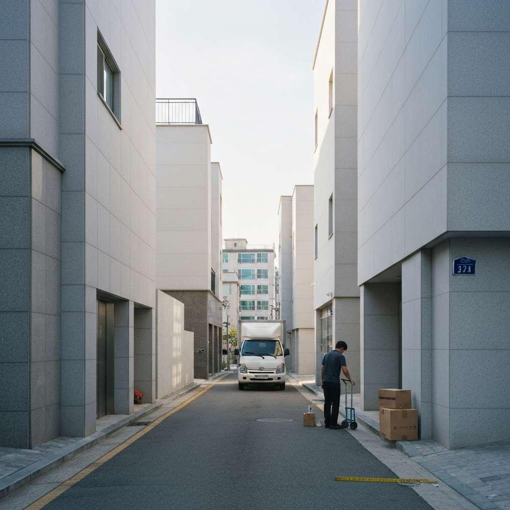 소형 이삿차 옆에서 상자 옮기는 이삿짐센터 직원