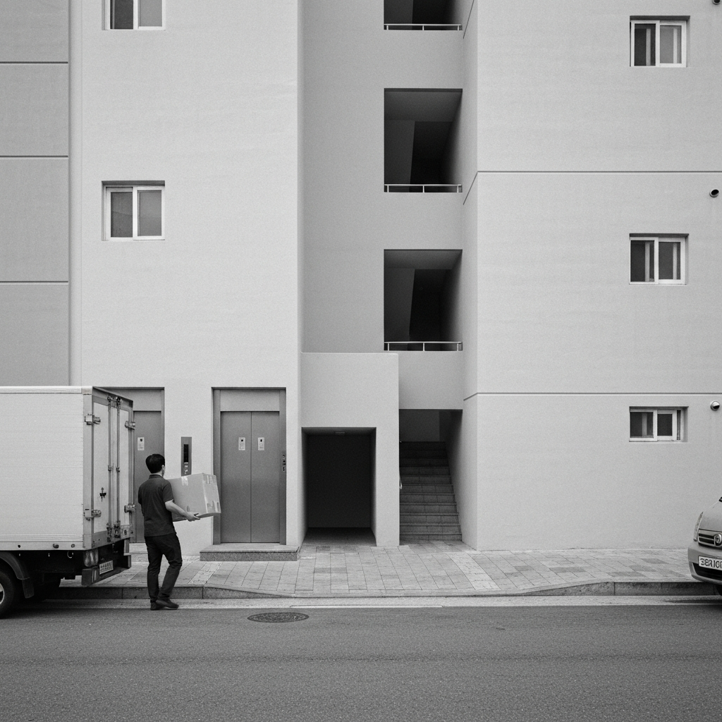 좁은 길에 주차된 소형 이삿트럭과 아파트 입구.