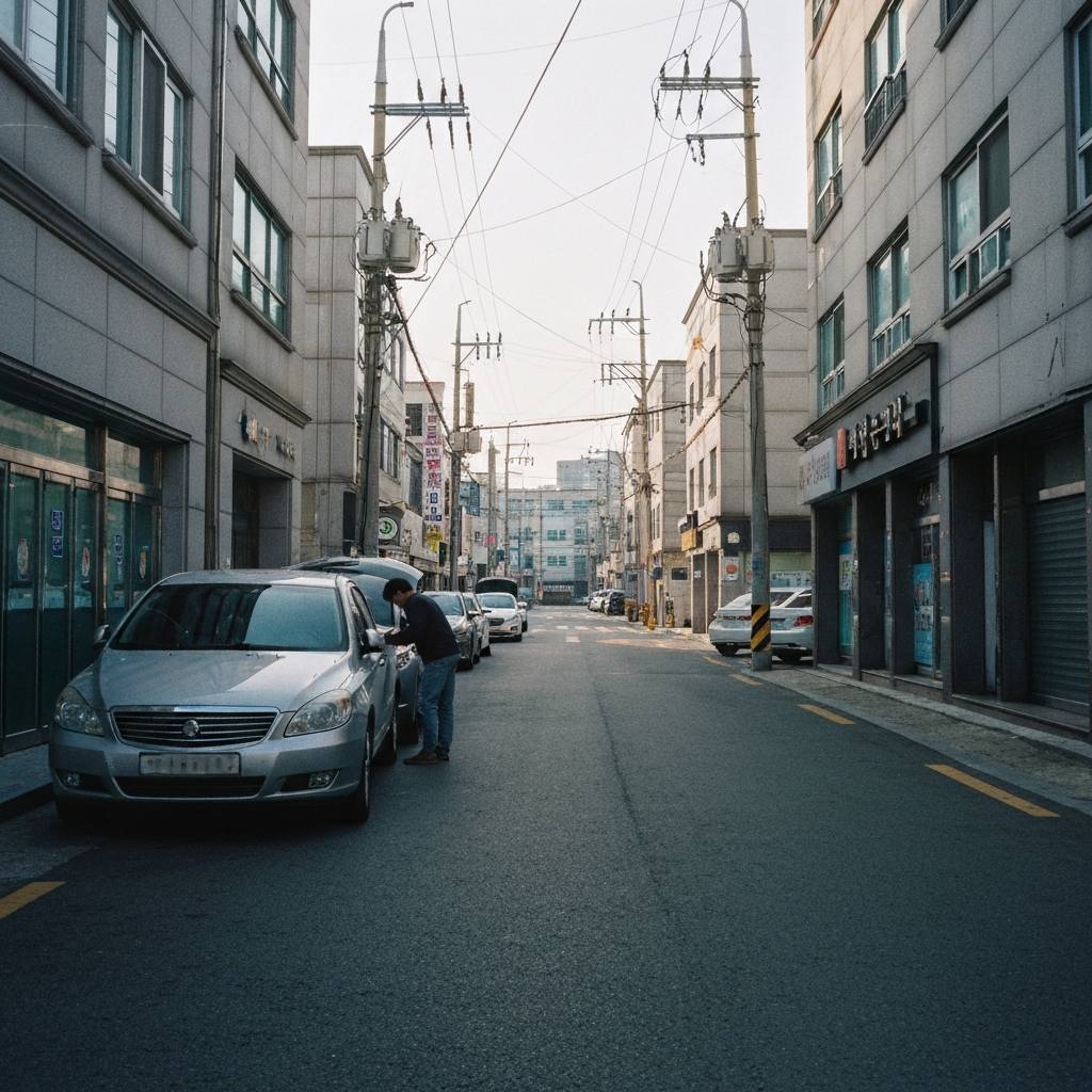 단정한 현대 건물의 한적한 중고차 거리.