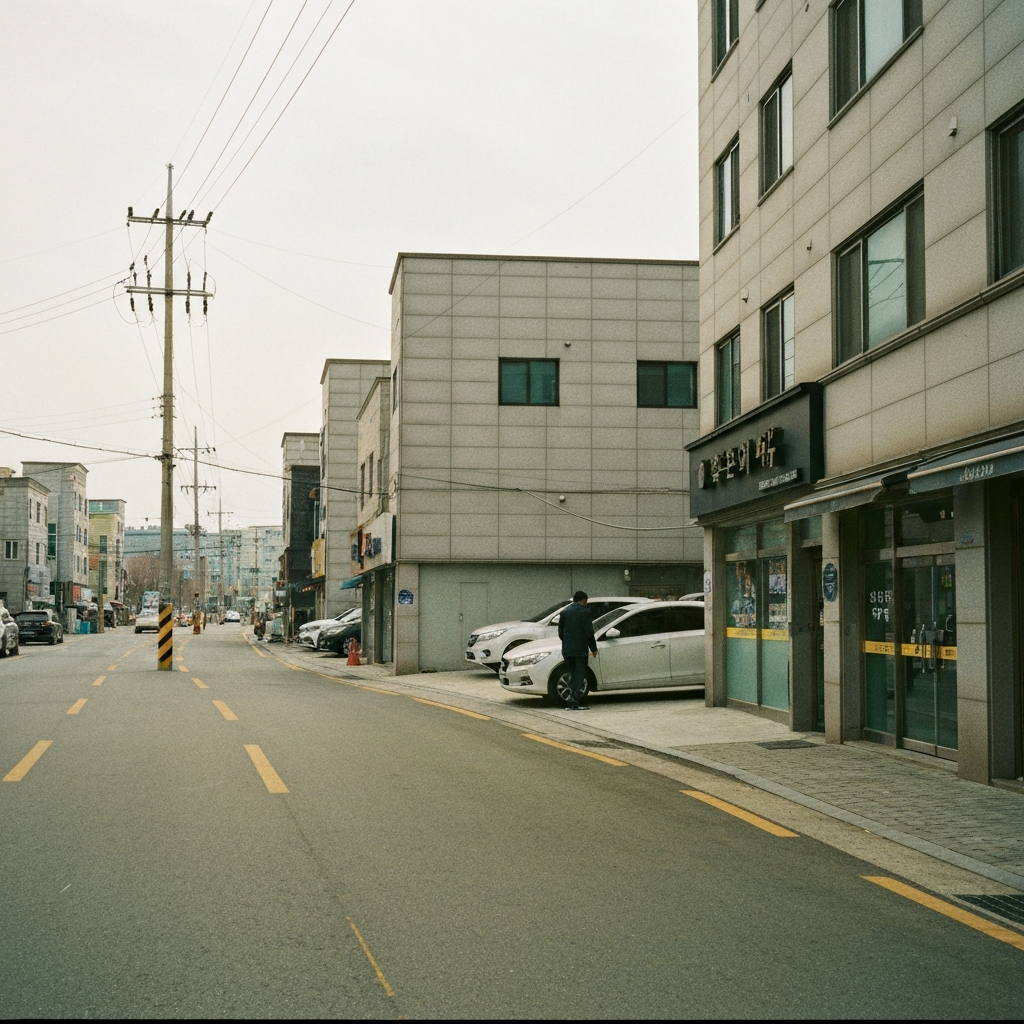 도로변 중고차 한 대와 점검하는 사람