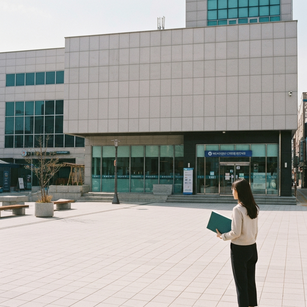 서류 들고 은행 앞에 선 사람.