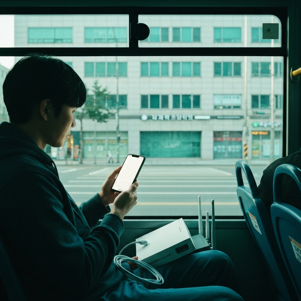 버스에서 스마트폰 보는 모뎀·랜선 든 승객