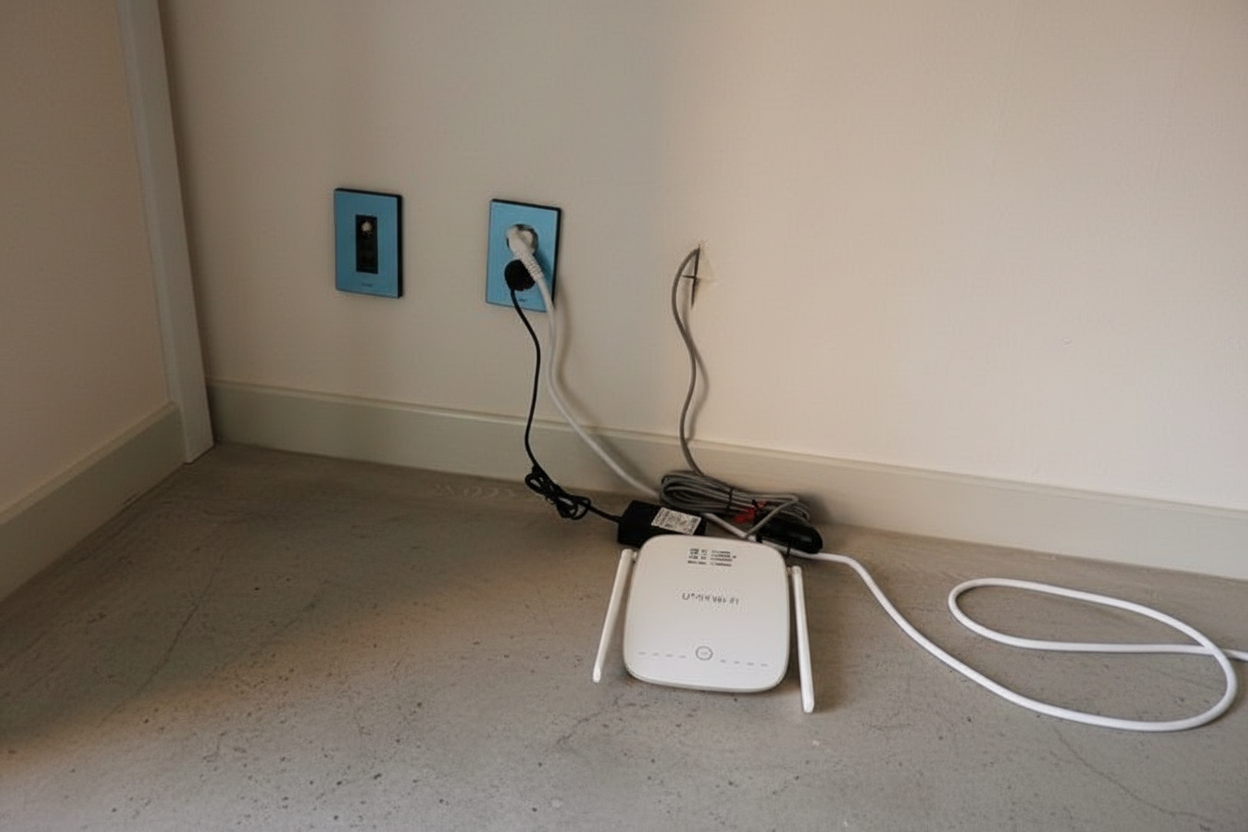 바닥에 놓여진 인터넷 모뎀 이미지