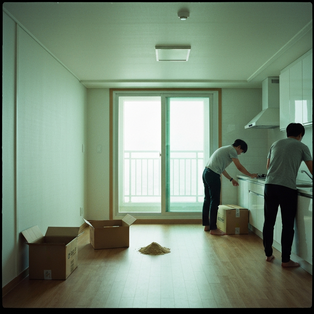 이사 중 반쯤 포장된 박스와 청소하는 사람.