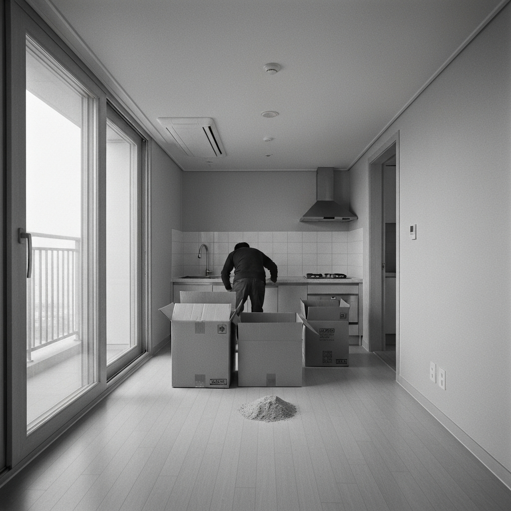 반쯤 포장된 박스들 사이에 서 있는 사람.