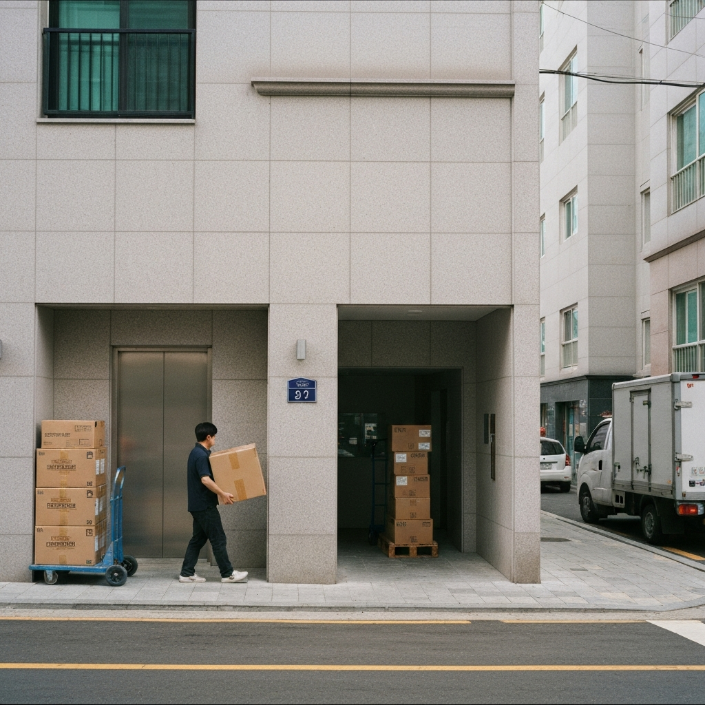 아파트 입구에서 상자를 옮기는 사람.