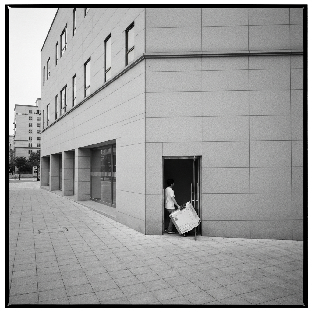 출입문으로 복합기 옮기는 사람