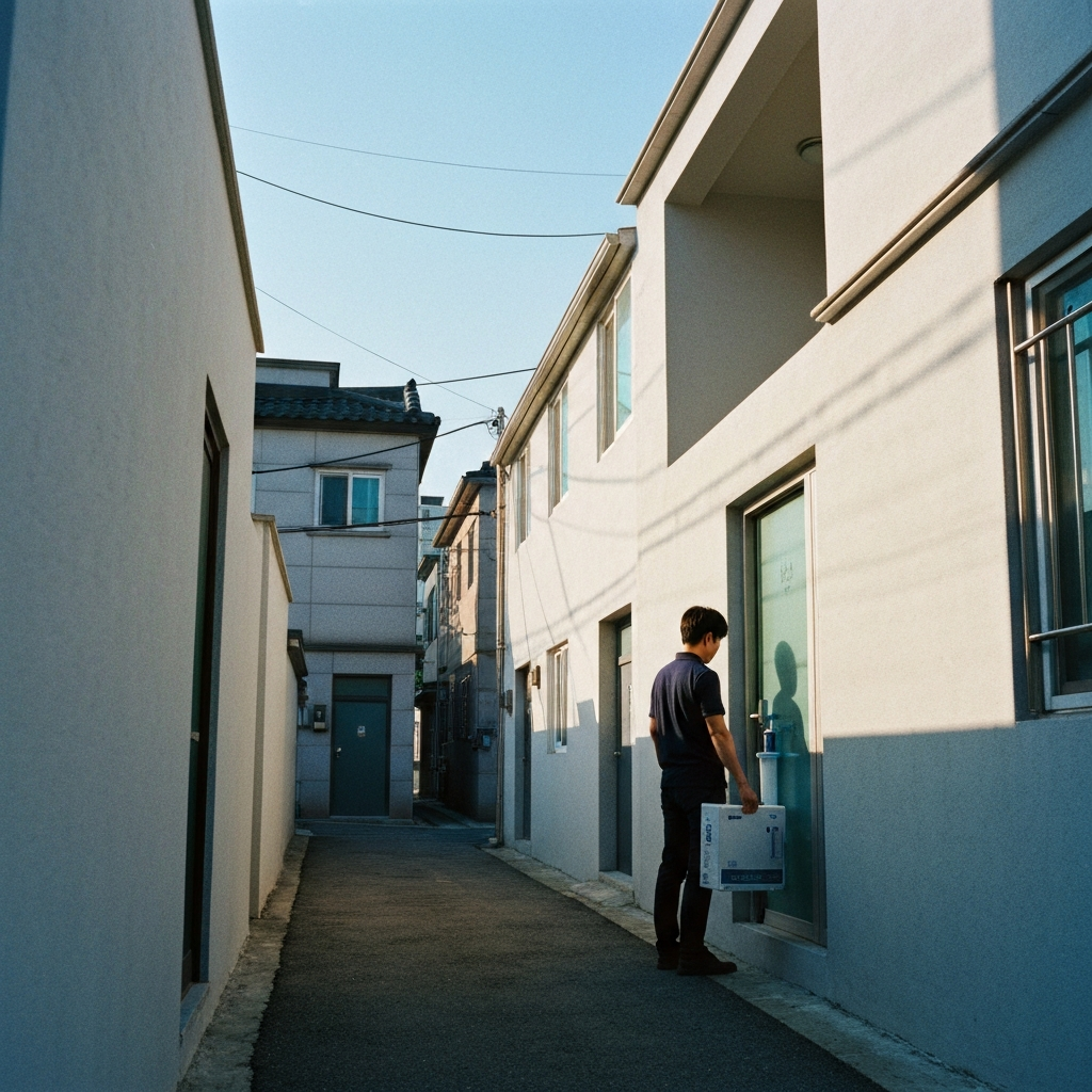 아파트 현관에 선 정수기 기사 필터 상자 들고 있음