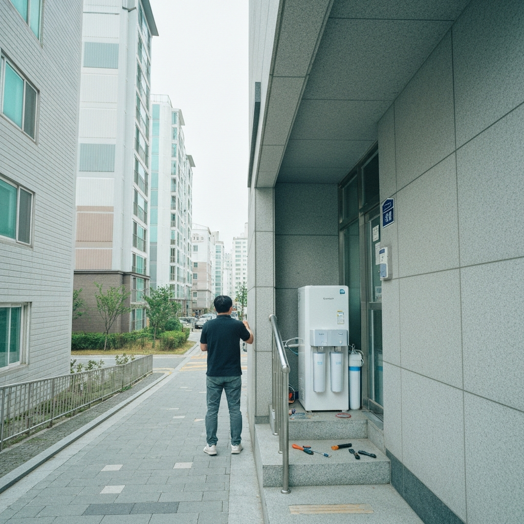 아파트 앞에서 정수기 필터를 교체하는 사람.