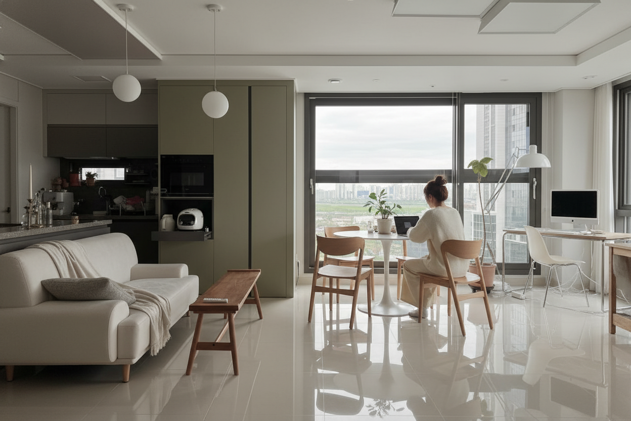 이사 후 거실에서 차를 마시는 여자의 뒷모습