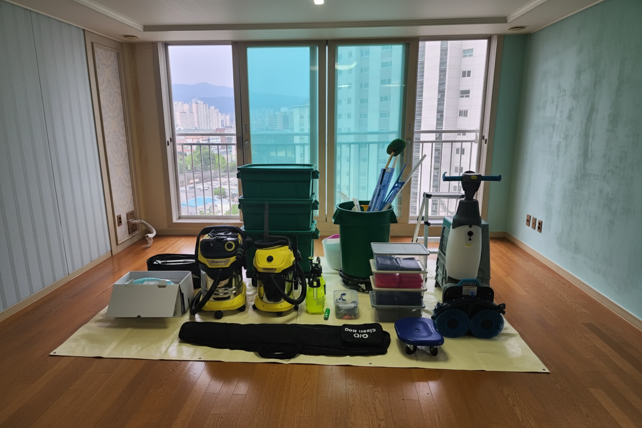 이사청소를 위해 준비된 도구와 약품들 이미지