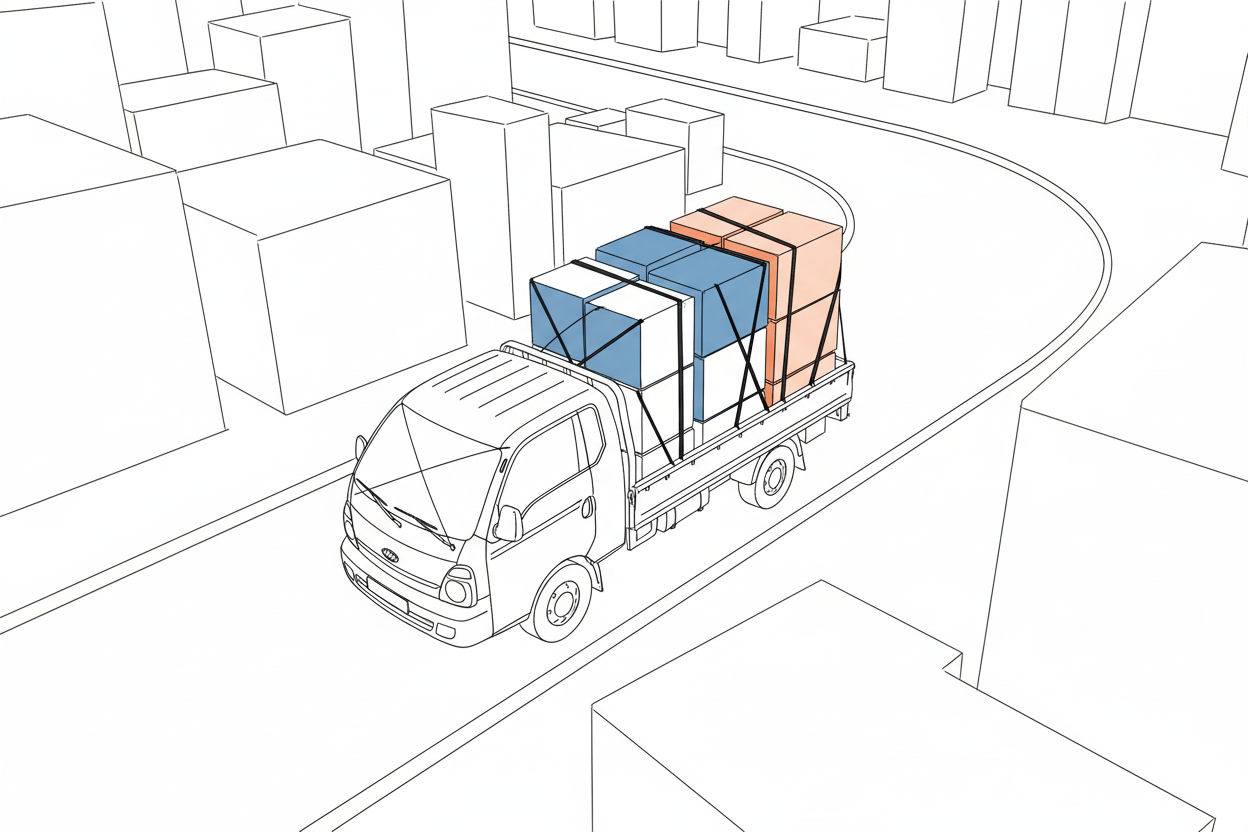 트럭이 이삿짐을 싣고 도심을 달리는 모습의 라인드로잉 이미지