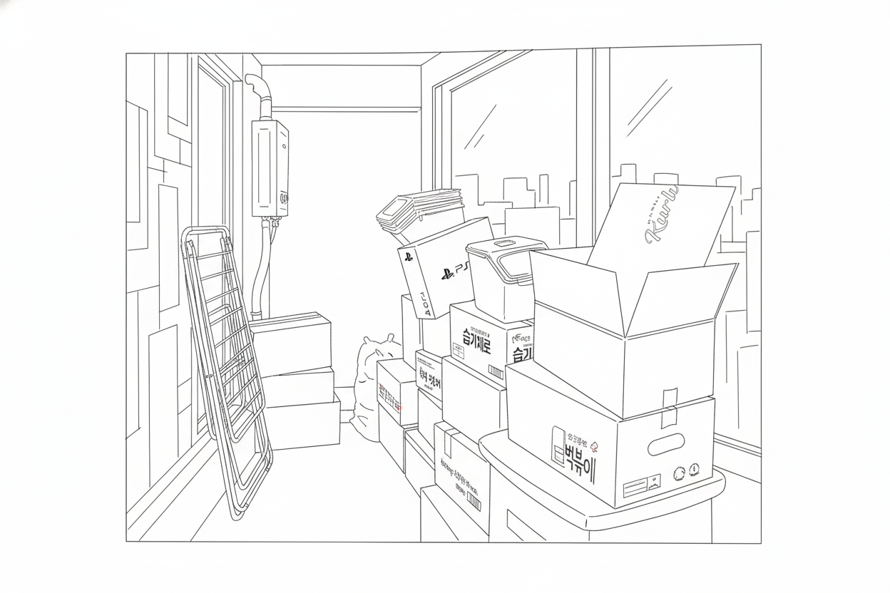 베란다에 이삿짐이 쌓여 있는 모습