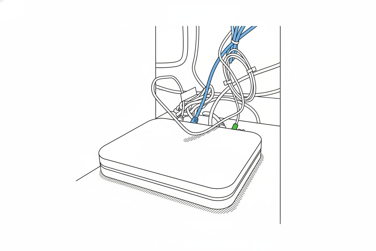 인터넷 모뎀이 인터넷 회선에 연결된 모습의 라인드로잉 이미지