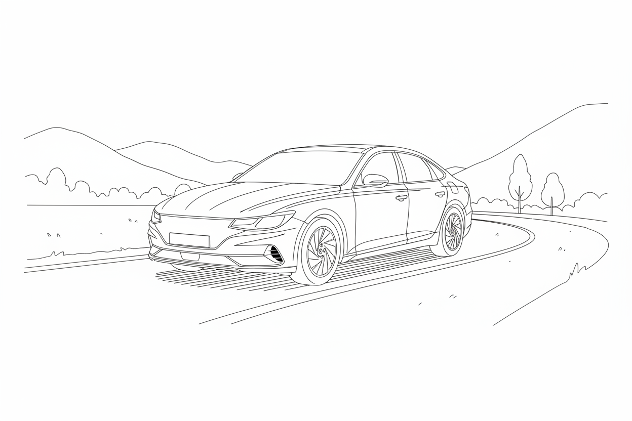 교외 도로를 달리고 있는 자동차 라인드로잉 이미지