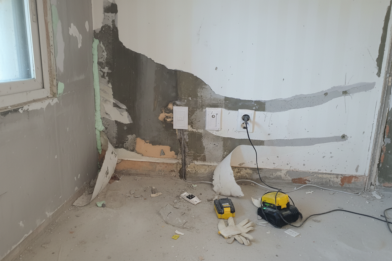 벽 콘센트에서 인터넷회선을 따기 위해 작업중인 모습