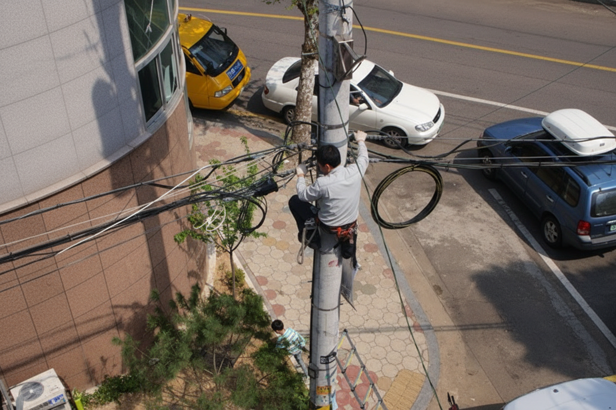 전신주 위에 올라가 인터넷회선을 정리하는 인터넷 설치기사의 모습